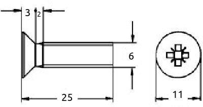 M6 x 25mm maskinskrue senkhode x-spor