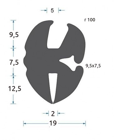 Gummi klem-profil 5mm glass, 2mm vegg, 7,5mm mellomvegg