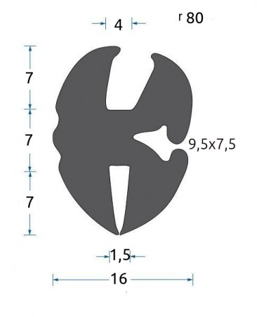 Gummi klem-profil 4mm glass, 1,5mm vegg eller plate, 7mm mellomvegg
